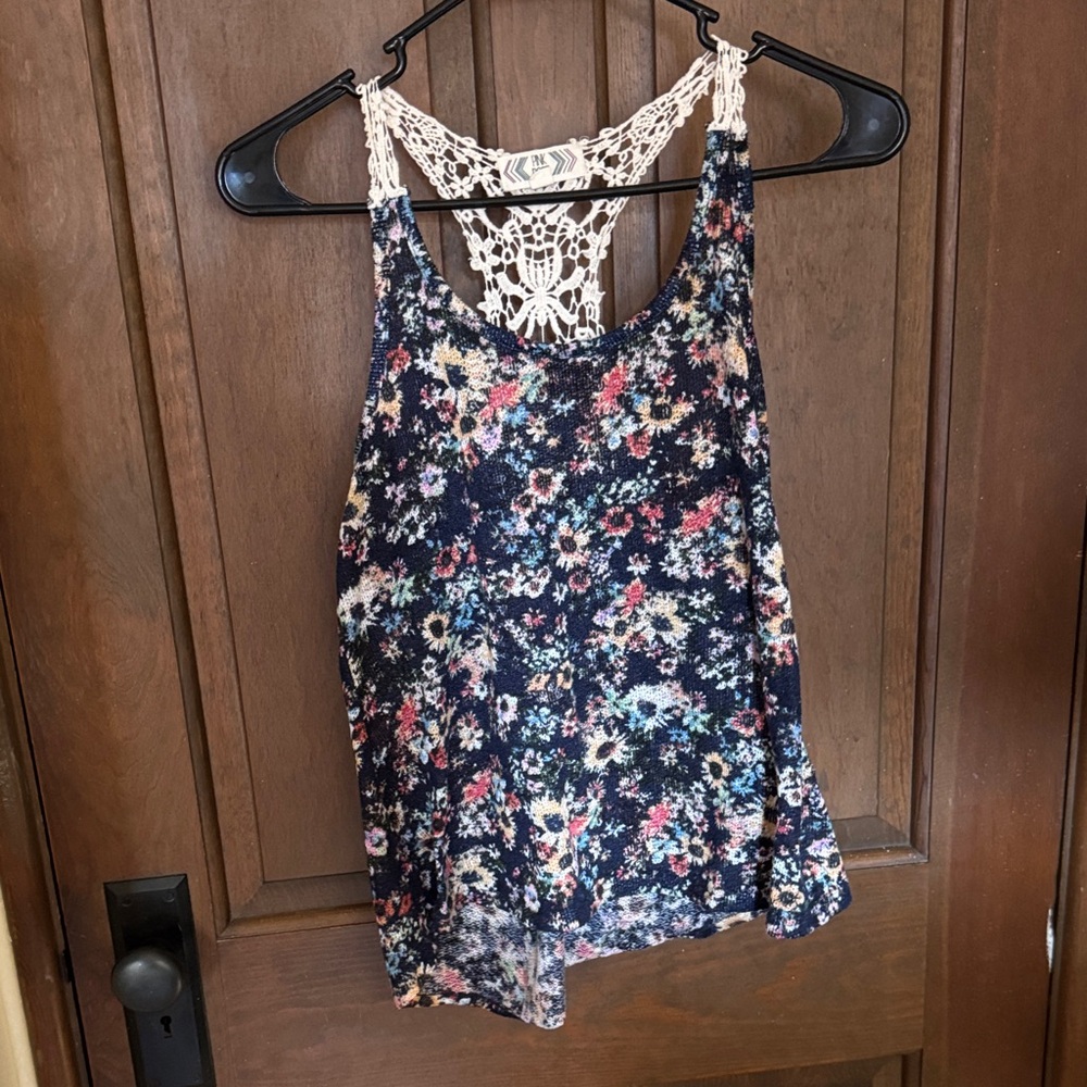 Pink Rose Floral Lace Back Tank Top - Multicolor